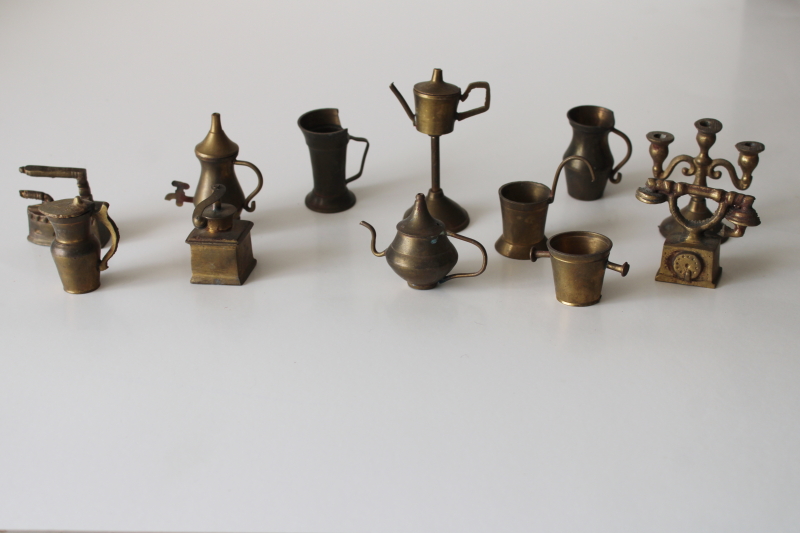 photo of old solid brass miniatures or charms, dollhouse size housewares, candlestick, pots & pitchers etc  #1