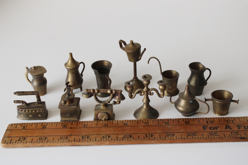 photo of old solid brass miniatures or charms, dollhouse size housewares, candlestick, pots & pitchers etc #2