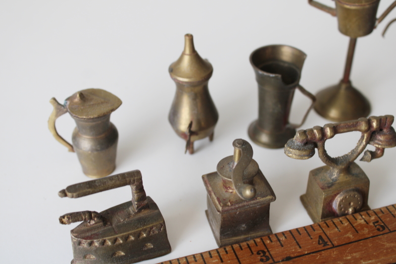 photo of old solid brass miniatures or charms, dollhouse size housewares, candlestick, pots & pitchers etc #4