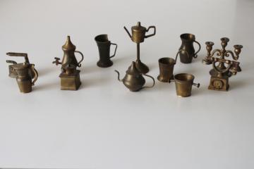 catalog photo of old solid brass miniatures or charms, dollhouse size housewares, candlestick, pots & pitchers etc 