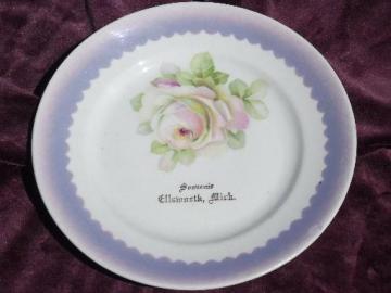 catalog photo of old souvenir piece of Ellsworth Michigan, antique china plate w/ roses