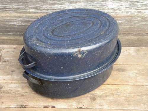 photo of old speckled graniteware roaster for garden shed potting bench pans #2