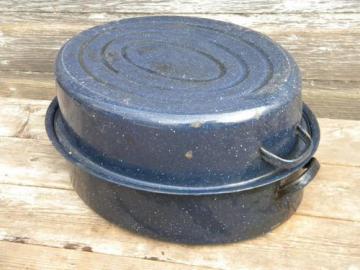 catalog photo of old speckled graniteware roaster for garden shed potting bench pans