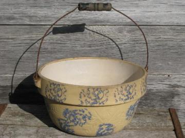 catalog photo of old spongeware bowl, salt glazed stoneware crock w/ wire bail and wood handle