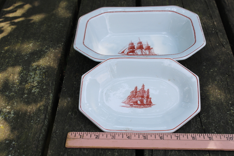 photo of old stained Wedgwood ironstone serving bowl and small tray w/ 1800s nautical print American clipper ships  #2