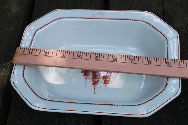 photo of old stained Wedgwood ironstone serving bowl and small tray w/ 1800s nautical print American clipper ships  #3