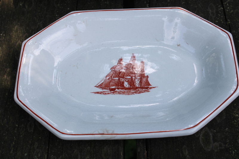 photo of old stained Wedgwood ironstone serving bowl and small tray w/ 1800s nautical print American clipper ships  #4