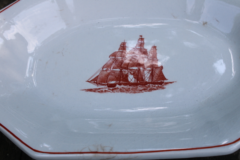 photo of old stained Wedgwood ironstone serving bowl and small tray w/ 1800s nautical print American clipper ships  #5