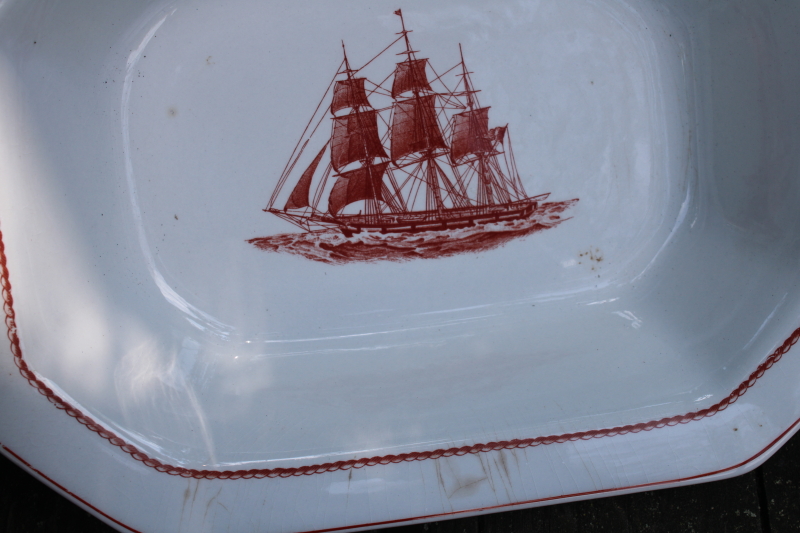 photo of old stained Wedgwood ironstone serving bowl and small tray w/ 1800s nautical print American clipper ships  #6