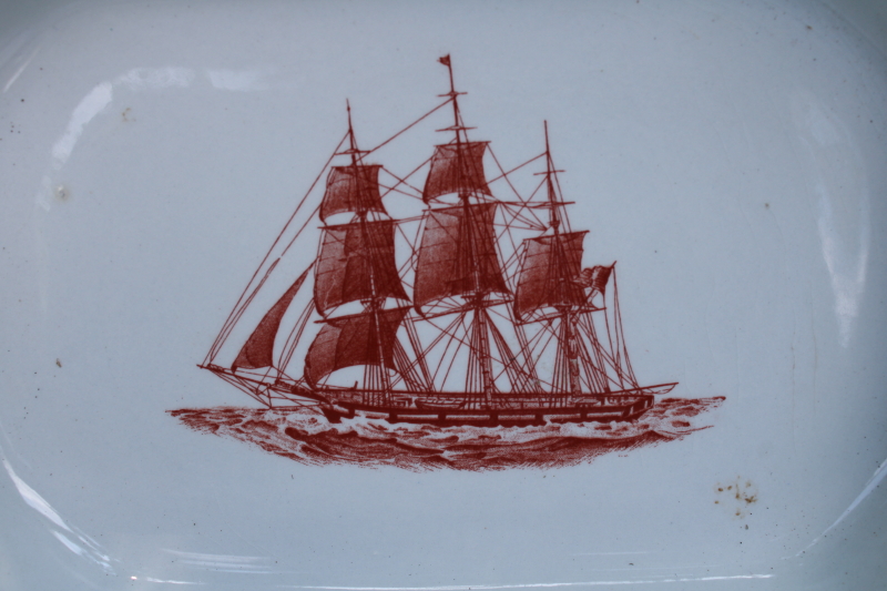 photo of old stained Wedgwood ironstone serving bowl and small tray w/ 1800s nautical print American clipper ships  #7