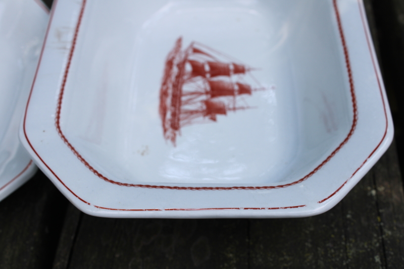 photo of old stained Wedgwood ironstone serving bowl and small tray w/ 1800s nautical print American clipper ships  #8
