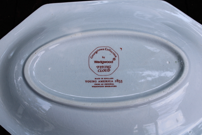 photo of old stained Wedgwood ironstone serving bowl and small tray w/ 1800s nautical print American clipper ships  #10