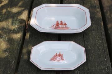 old stained Wedgwood ironstone serving bowl and small tray w/ 1800s nautical print American clipper ships 