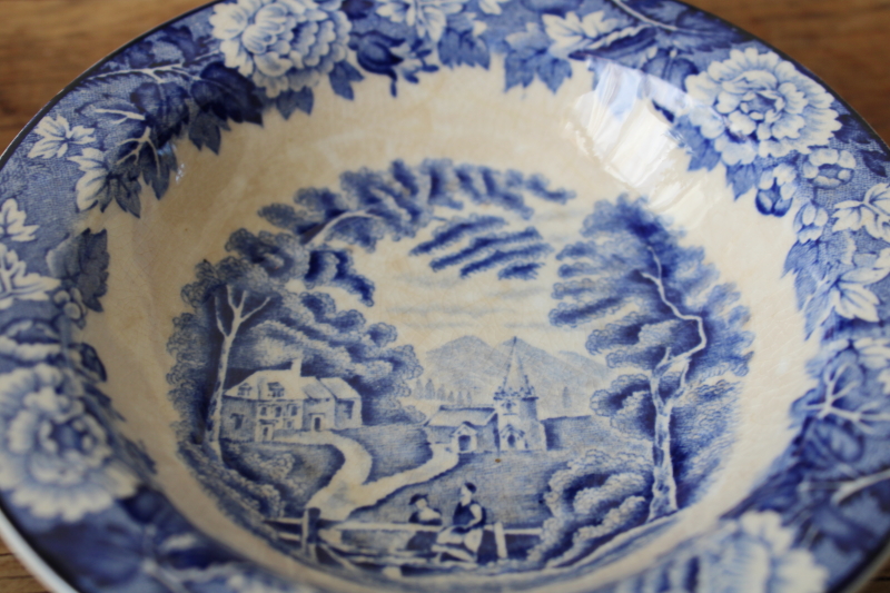 photo of old stained browned china, blue & white fruit bowls English Scenery transferware print  #2
