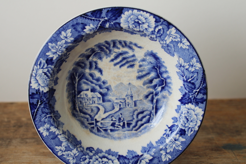 photo of old stained browned china, blue & white fruit bowls English Scenery transferware print  #3