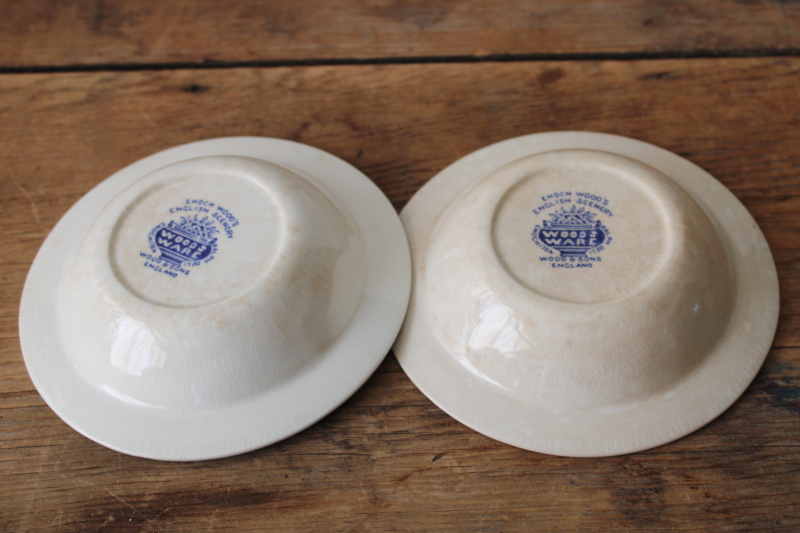 photo of old stained browned china, blue & white fruit bowls English Scenery transferware print  #4