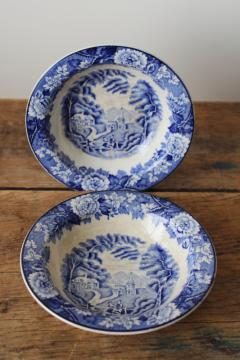 catalog photo of old stained browned china, blue & white fruit bowls English Scenery transferware print 