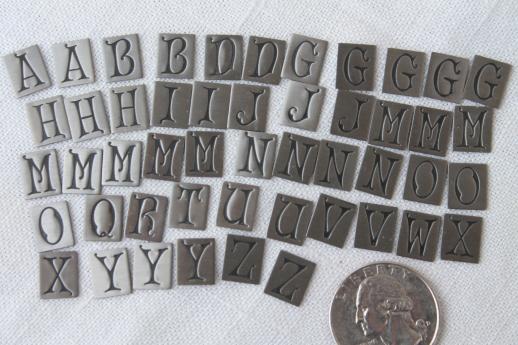 photo of old stamped metal monogram alphabet letters, vintage craft charm jewelry supplies lot #4