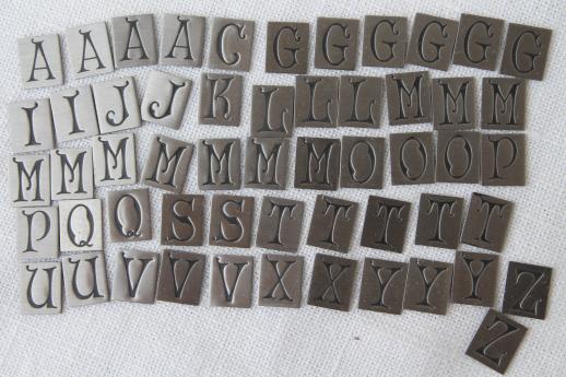 photo of old stamped metal monogram alphabet letters, vintage craft charm jewelry supplies lot #5