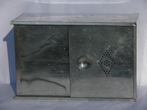 photo of old steel bread box, breadbox w/ sliding door, hoosier wall-mount vintage #1