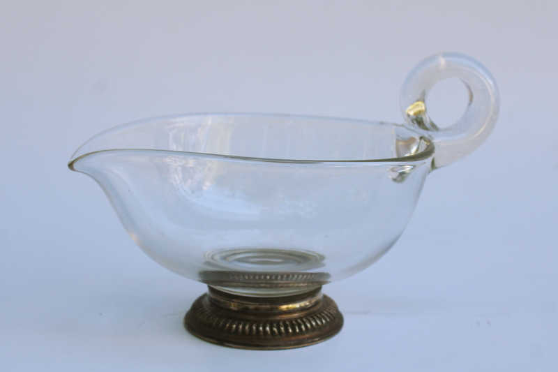 photo of old sterling silver footed glass sauce pitcher or bonbon dish, elegant crystal clear heart shaped bowl  #1