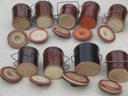 photo of old stoneware cheese crocks lot, pottery preserves jars w/ bail lids #9