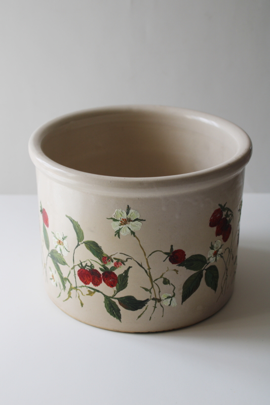 photo of old stoneware crock w/ hand painted strawberries, vintage cottagecore country kitchen decor #1