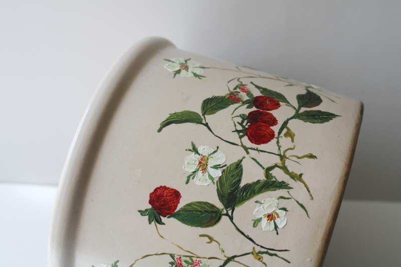 photo of old stoneware crock w/ hand painted strawberries, vintage cottagecore country kitchen decor  #2