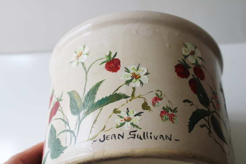 photo of old stoneware crock w/ hand painted strawberries, vintage cottagecore country kitchen decor  #3