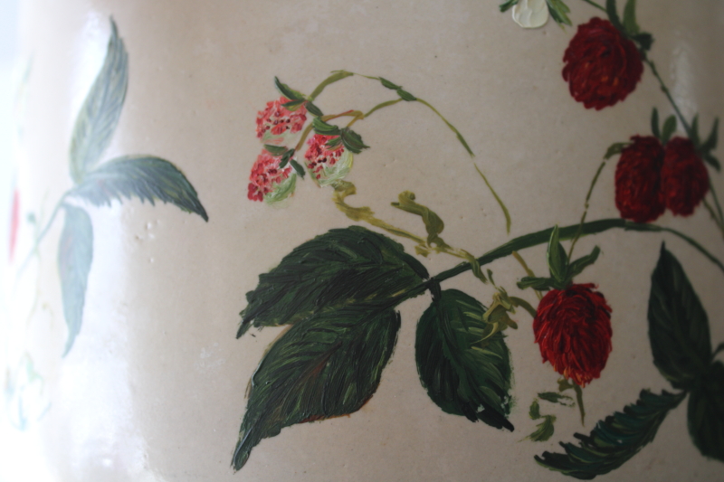 photo of old stoneware crock w/ hand painted strawberries, vintage cottagecore country kitchen decor  #7