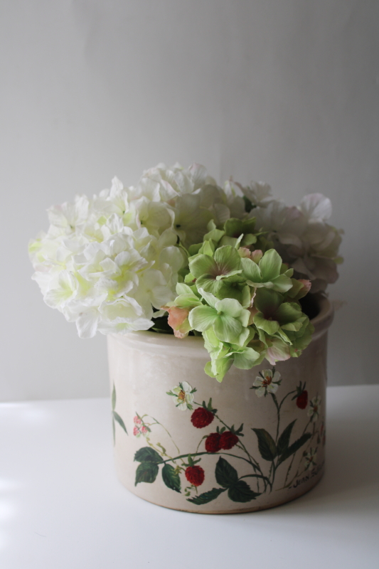 photo of old stoneware crock w/ hand painted strawberries, vintage cottagecore country kitchen decor  #8