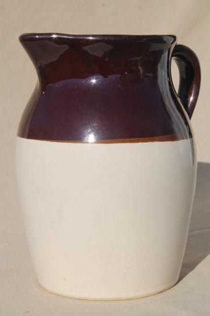 photo of old stoneware milk pitcher, unmarked vintage brown band pottery jug #1