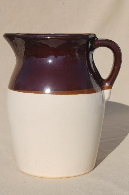 photo of old stoneware milk pitcher, unmarked vintage brown band pottery jug #2