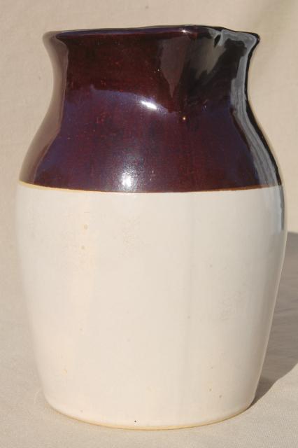 photo of old stoneware milk pitcher, unmarked vintage brown band pottery jug #3