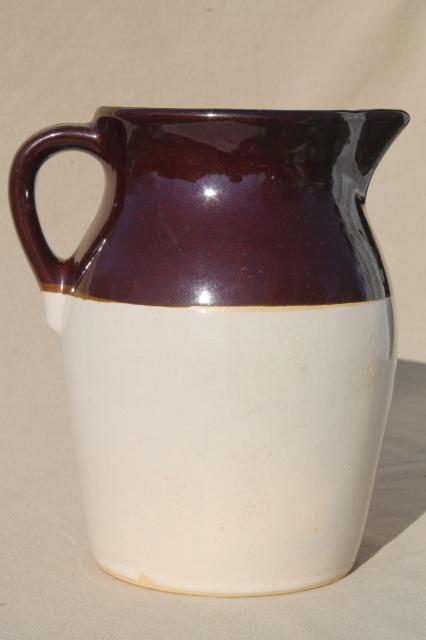 photo of old stoneware milk pitcher, unmarked vintage brown band pottery jug #4