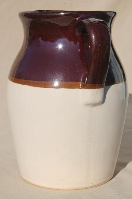 photo of old stoneware milk pitcher, unmarked vintage brown band pottery jug #5