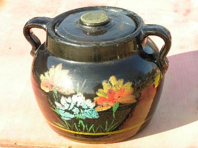 photo of old stoneware pottery cookie crock with flowers #1