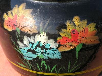 photo of old stoneware pottery cookie crock with flowers #2