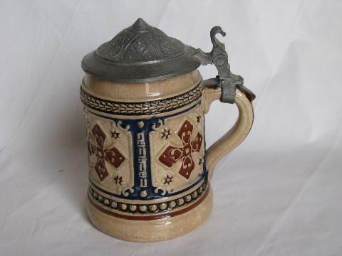 photo of old stoneware pottery / pewter beer stein lot, vintage Germany, miniature steins #2