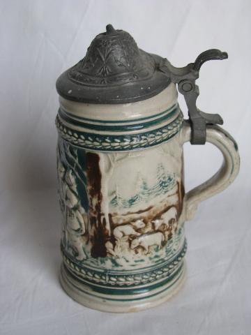 photo of old stoneware pottery / pewter beer stein lot, vintage Germany, miniature steins #4