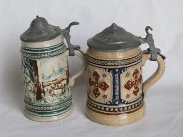 catalog photo of old stoneware pottery / pewter beer stein lot, vintage Germany, miniature steins