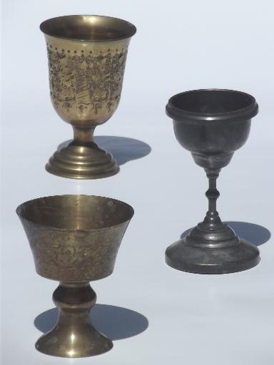 photo of old tarnished brass & silver cups, vintage goblet chalice wine glasses #1