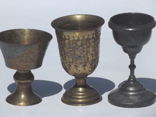 photo of old tarnished brass & silver cups, vintage goblet chalice wine glasses #4