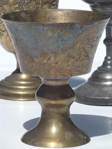 photo of old tarnished brass & silver cups, vintage goblet chalice wine glasses #5