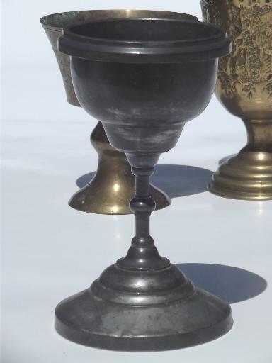 photo of old tarnished brass & silver cups, vintage goblet chalice wine glasses #9