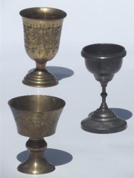 catalog photo of old tarnished brass & silver cups, vintage goblet chalice wine glasses