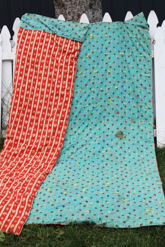 photo of old tied quilt for cutter, teal & red vintage cotton print fabric for craft sewing projects #1