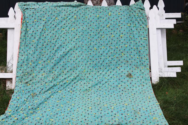 photo of old tied quilt for cutter, teal & red vintage cotton print fabric for craft sewing projects #2