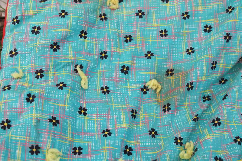 photo of old tied quilt for cutter, teal & red vintage cotton print fabric for craft sewing projects #4