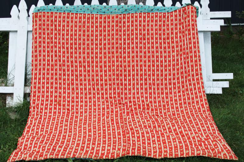 photo of old tied quilt for cutter, teal & red vintage cotton print fabric for craft sewing projects #7